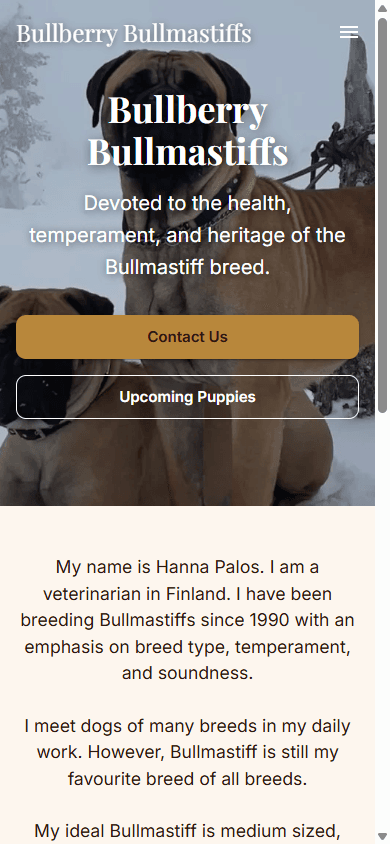 Bullberry.fi kennel website homepage on mobile
